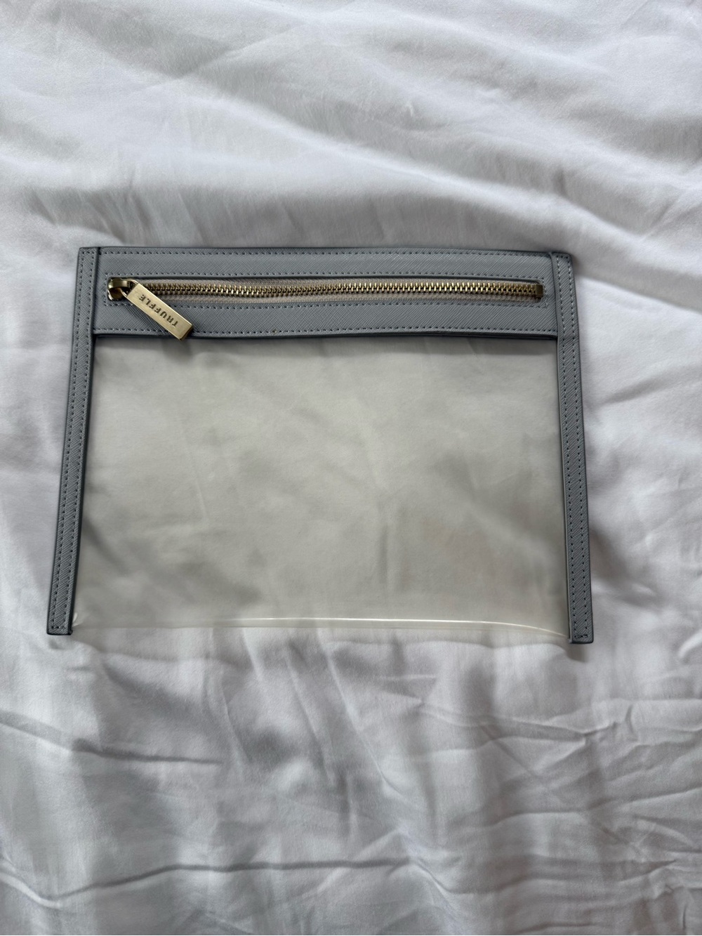 Truffle Clear Cosmetic Pouch with Light Gray Trim and Gold Zipper